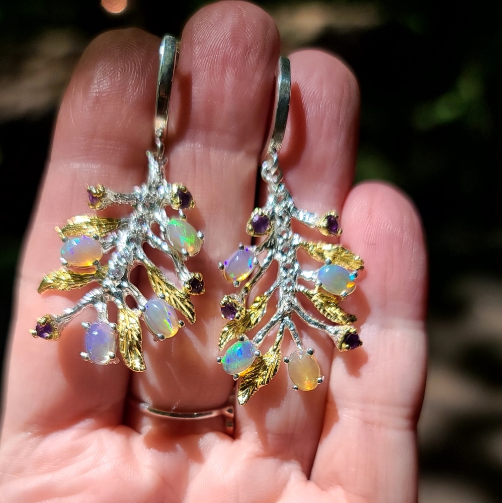 FIRE Opals 🔥 & Amethyst sterling fern earrings - Picture 6 of 7